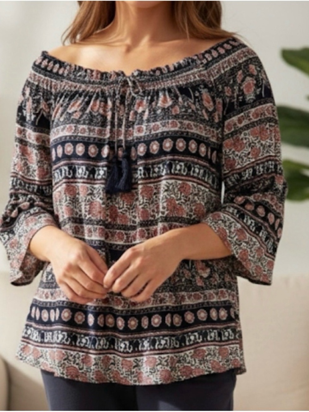 BAILEY & CHLOE Floral Print Peasant Boho Blouse, Women’s M, Navy Coral White